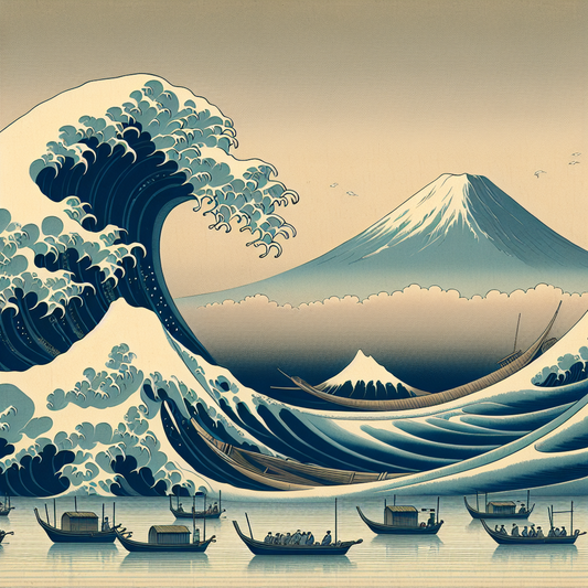 A dramatic ocean wave curling over small traditional Japanese fishing boats with Mount Fuji calmly visible in the distance, in a minimalist ukiyo-e inspired style emphasizing balance and serenity.