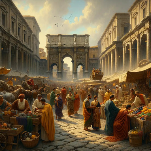 Lively Roman marketplace scene with citizens in vibrant togas, carriages on cobblestone roads, and bustling activity against a backdrop of ancient Roman architecture.