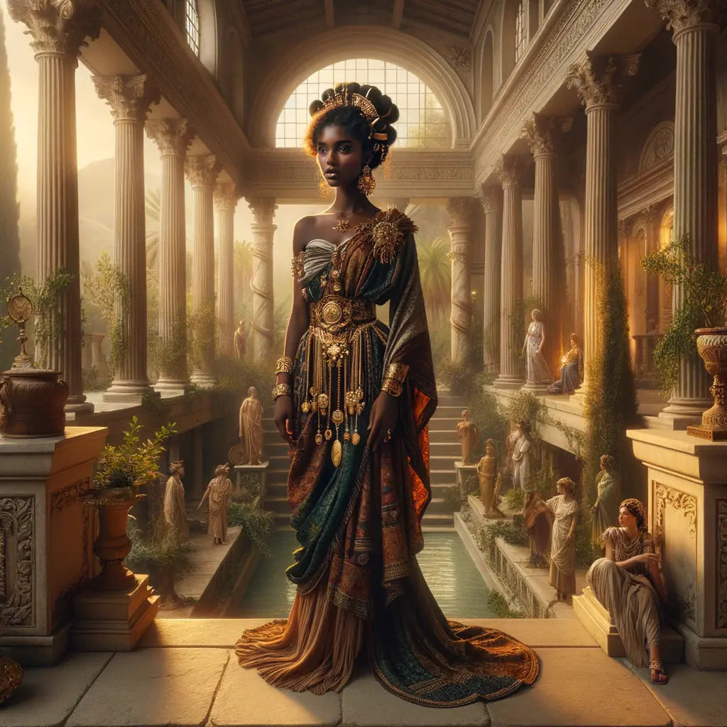 A young Roman girl in a stola, adorned with intricate accessories, embodying elegance and status, in a 1960s-style historical epic setting.