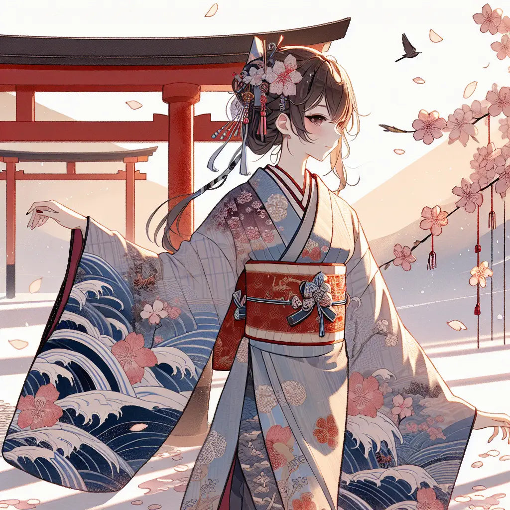 A tasteful anime character in a softly patterned kimono with ukiyo-e inspired motifs, gentle pink cherry blossoms drifting around a faint red torii gate silhouette in the background, minimalistic and serene Japanese-inspired image.