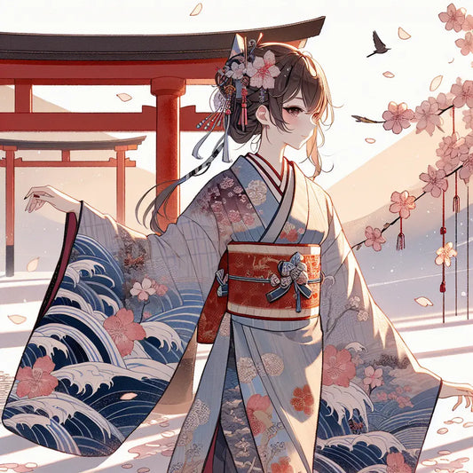 A tasteful anime character in a softly patterned kimono with ukiyo-e inspired motifs, gentle pink cherry blossoms drifting around a faint red torii gate silhouette in the background, minimalistic and serene Japanese-inspired image.