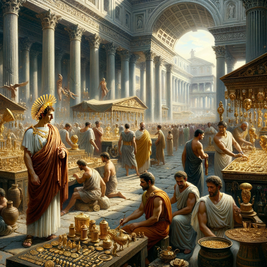 Julius Caesar, with a laurel wreath, overseeing a Roman forum jewelry market filled with artisans crafting Roman symbol-inspired jewelry, in a style akin to 1960s historical films.