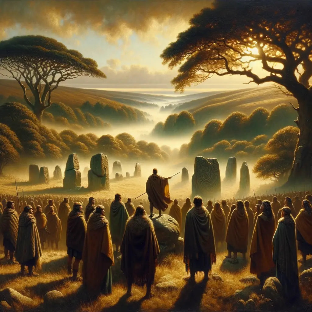 Mystical ancient Celtic landscape with misty valleys, Gaul figures in cloaks, and sacred stone structures, in a 1960s historical epic style.