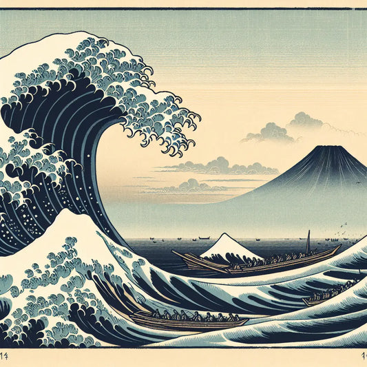 A traditional Edo period woodblock style print of a powerful ocean wave threatening boats with Mount Fuji in the misty background, showcasing dynamic and minimalist Japanese artistry.