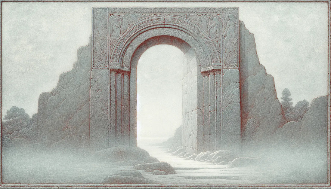 Eingang zur nordischen Unterwelt Hel als steinernes Relief mit Torbogen neblig und ruhig in dunklen Linien auf hellem Stein