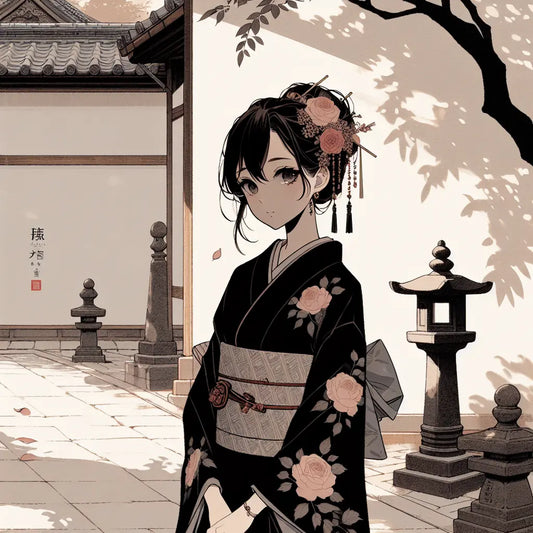 An elegant anime-style girl in a black kimono with rose motifs, standing gracefully in a quiet Japanese garden with scattered rose petals, minimal and serene.