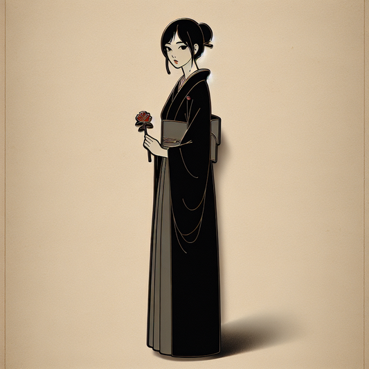An elegant anime-inspired Japanese woman in a sleek black kimono-style dress holding a single red rose, depicted with minimalist, refined details and soft natural tones.