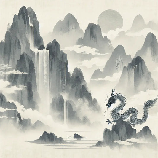An elegant Japanese dragon gracefully soaring through misty mountains and gentle waterfalls in a minimalist traditional art style, embodying ancient wisdom and power.