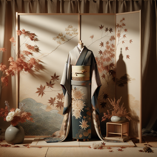An elegant traditional Japanese kimono with vibrant seasonal nature patterns displayed on a wooden stand against a rice paper screen, lit by gentle afternoon light — minimalistic and culturally inspired.