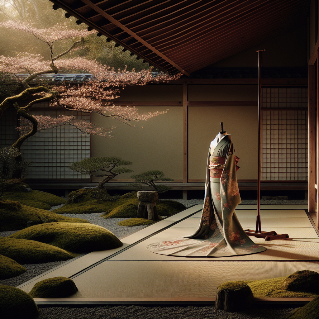 Traditional Japanese kimono delicately displayed in a tranquil garden at a cultural festival, with soft light and natural surroundings conveying serene elegance.
