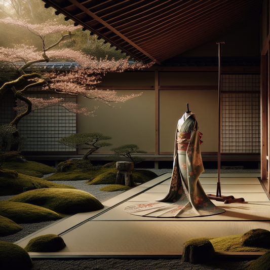 Traditional Japanese kimono delicately displayed in a tranquil garden at a cultural festival, with soft light and natural surroundings conveying serene elegance.