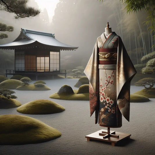 An elegant traditional Japanese kimono displayed on a wooden stand in a serene garden with moss, bamboo, and morning mist — minimalistic and culturally inspired.