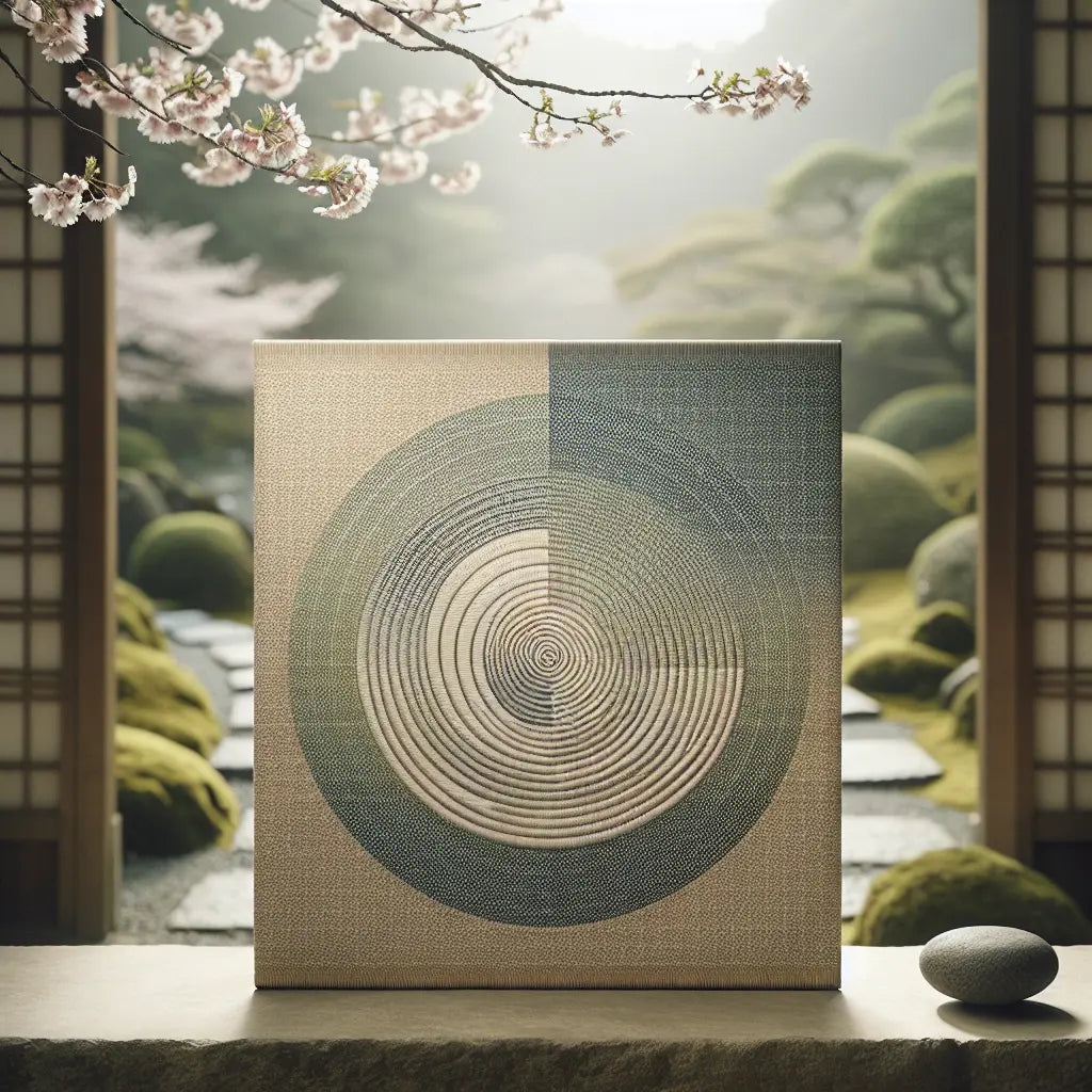 Traditional Japanese textile with subtle uzumaki spiral pattern in soft natural colors, set against a calm garden with cherry blossoms and a serene atmosphere.