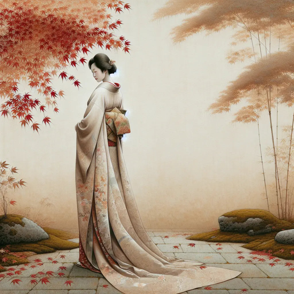 Elegant Japanese woman in a silk kimono standing peacefully in a quiet autumn garden with soft natural light and delicate fall leaves — minimalist and serene.