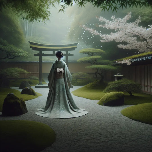 An elegant Japanese woman in a traditional kimono stands gracefully in a serene garden with soft natural light, highlighting intricate fabric patterns against a tranquil, minimalistic background.