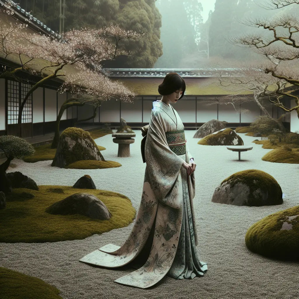 Elegant Japanese woman in a beautifully patterned kimono with flowing sleeves and decorative obi, standing serenely in a traditional garden with soft natural light.