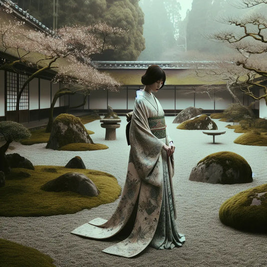Elegant Japanese woman in a beautifully patterned kimono with flowing sleeves and decorative obi, standing serenely in a traditional garden with soft natural light.