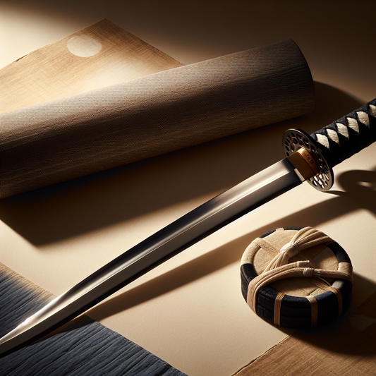 Elegant katana sword with a curved gleaming steel blade resting on a traditional Japanese cloth of muted indigo and beige, evoking samurai culture with serene minimalism.