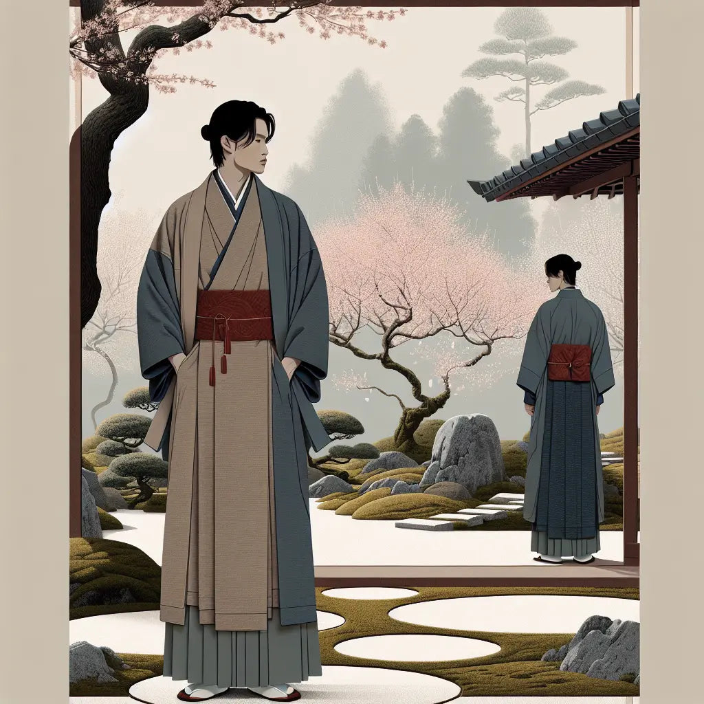 An elegant man in a layered traditional Japanese kimono stands calmly in a serene cherry blossom garden, bathed in soft morning light with delicate petals scattered around.