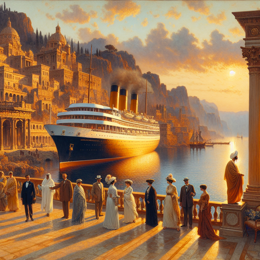 Elegant luxury cruise ship sailing near a historic European coastal city at sunrise, illuminated by soft golden light and calm blue waters, in the style of 1960s Roman historical epics.