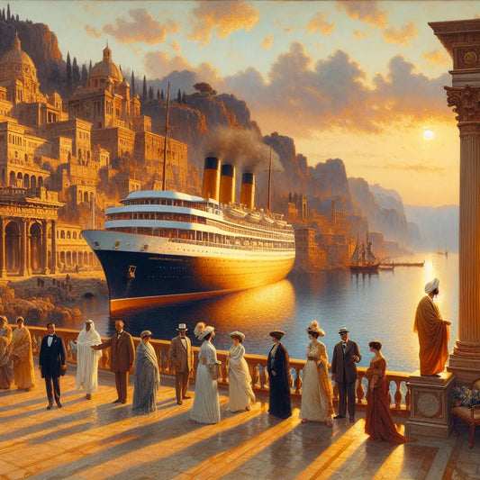 Elegant luxury cruise ship sailing near a historic European coastal city at sunrise, illuminated by soft golden light and calm blue waters, in the style of 1960s Roman historical epics.