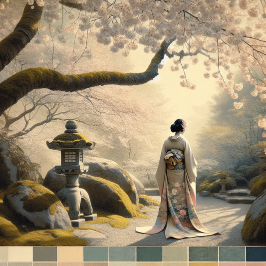 A graceful traditional Japanese kimono displayed under soft cherry blossoms with filtered sunlight, in a peaceful garden setting—minimalist and elegant.