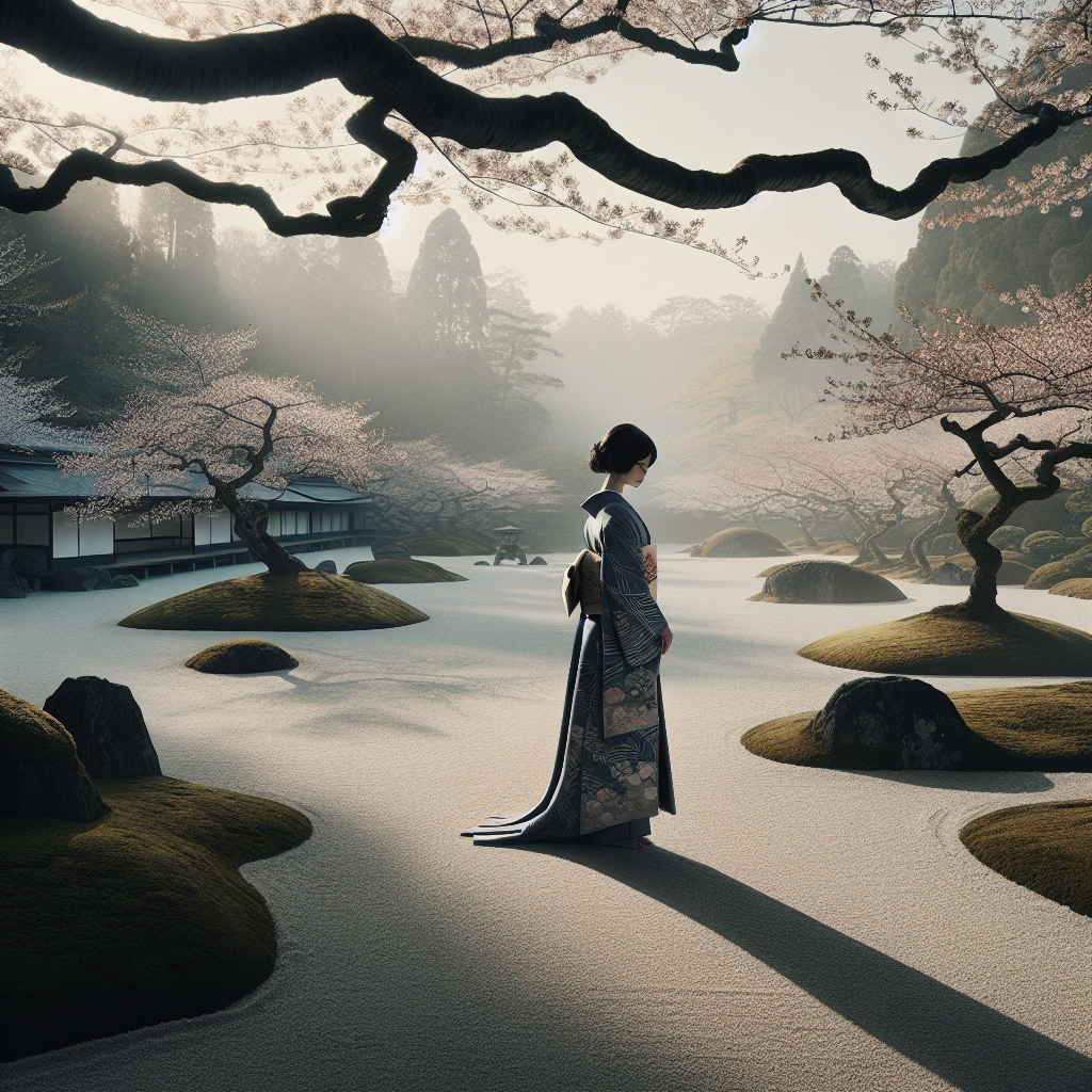 An elegant young woman in a traditional Japanese kimono stands quietly in a serene garden surrounded by cherry blossoms in bloom, bathed in soft, natural light.