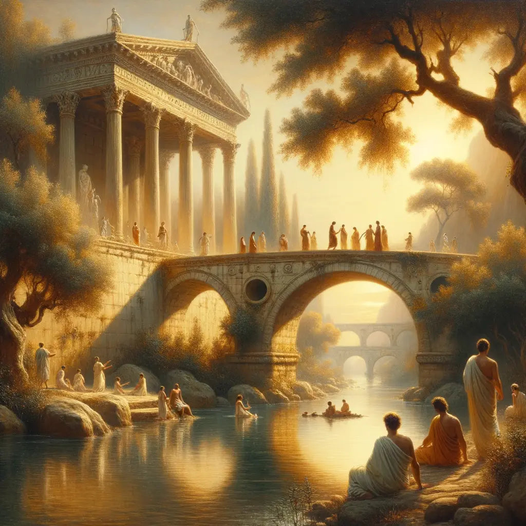 Serene river in a Roman landscape, symbolizing Stoic philosophy, with ancient architecture and figures in togas, inspired by 1960s historical epic films.
