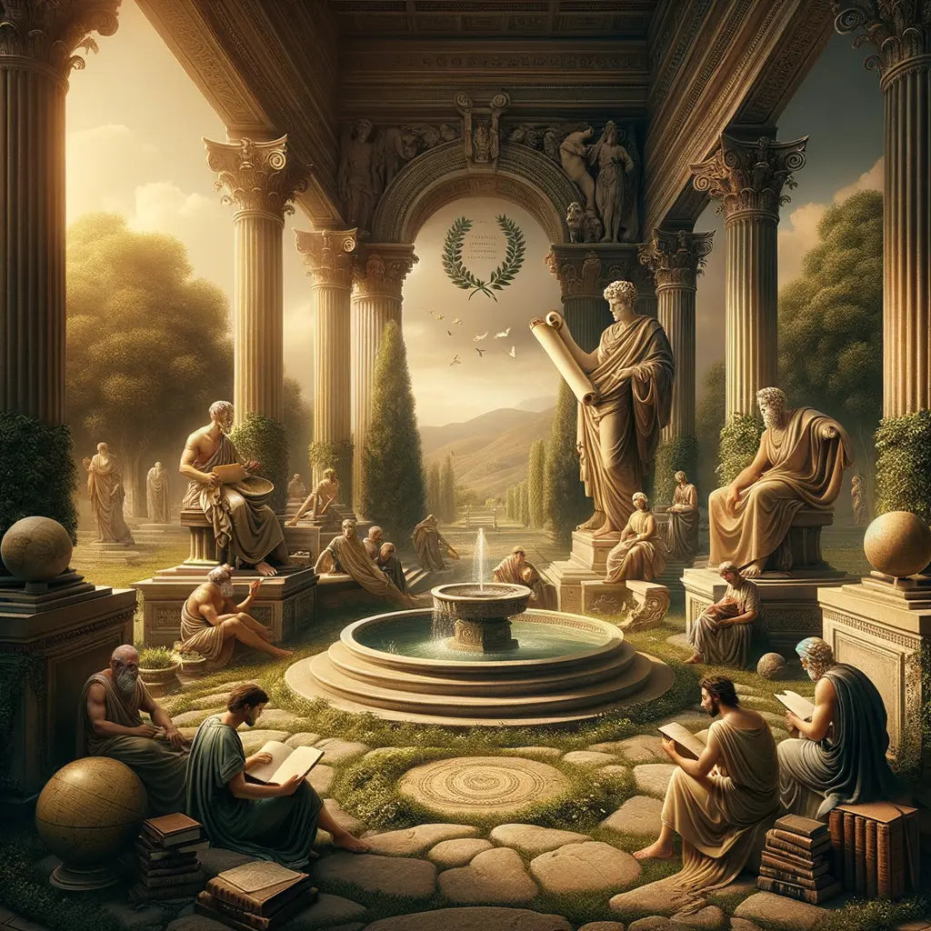 Roman philosopher Seneca depicted with an ancient scroll and symbols of wisdom in a serene garden, embodying tranquility and reflection in the style of 1960s historical epic films.