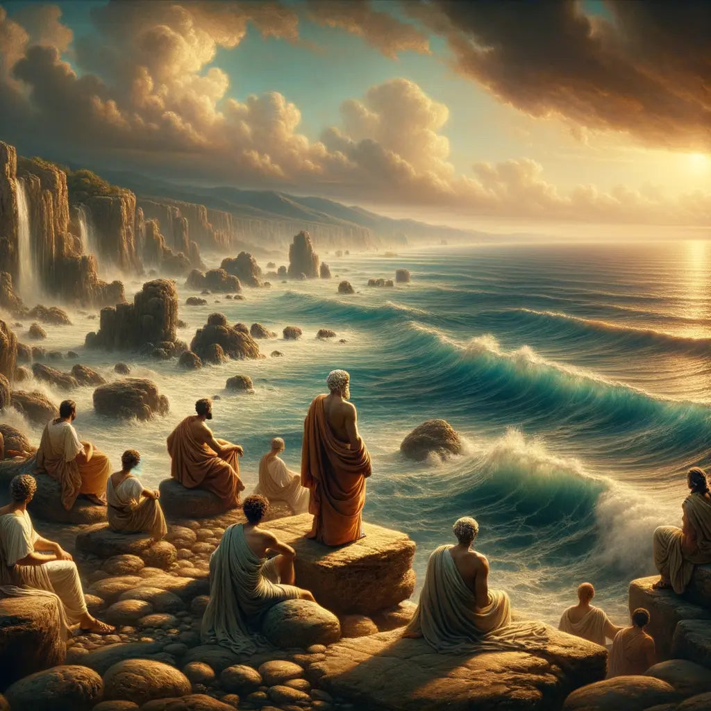 Symbolic painting of Roman philosophers observing the ocean with waves crashing against rocks, embodying Stoic reflection in a classic 1960s film style.