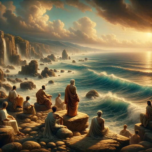 Symbolic painting of Roman philosophers observing the ocean with waves crashing against rocks, embodying Stoic reflection in a classic 1960s film style.