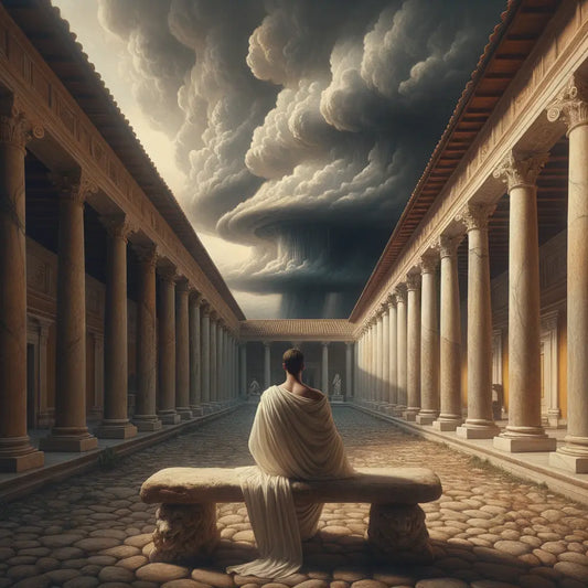 A Roman philosopher peacefully seated amidst a chaotic storm backdrop in a historical epic style painting, symbolizing inner calm.