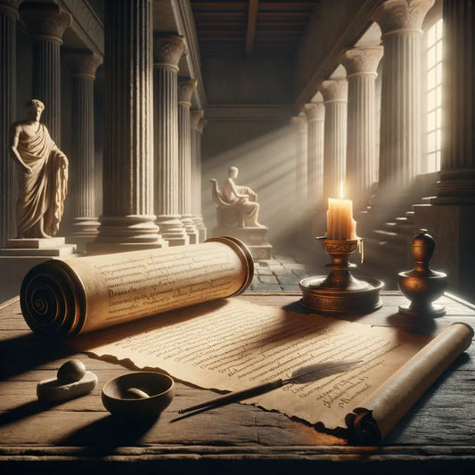 Ancient Roman scroll with Stoic writings illuminated by warm candlelight, reflecting timeless wisdom, styled like a scene from a 1960s historical film epic.
