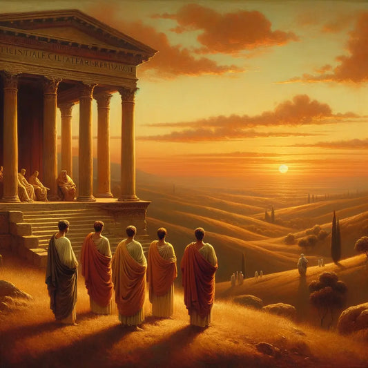 Serene Roman sunset viewed from a classical terrace, with philosophers in deep contemplation, evoking the style of 1960s historical epic films.
