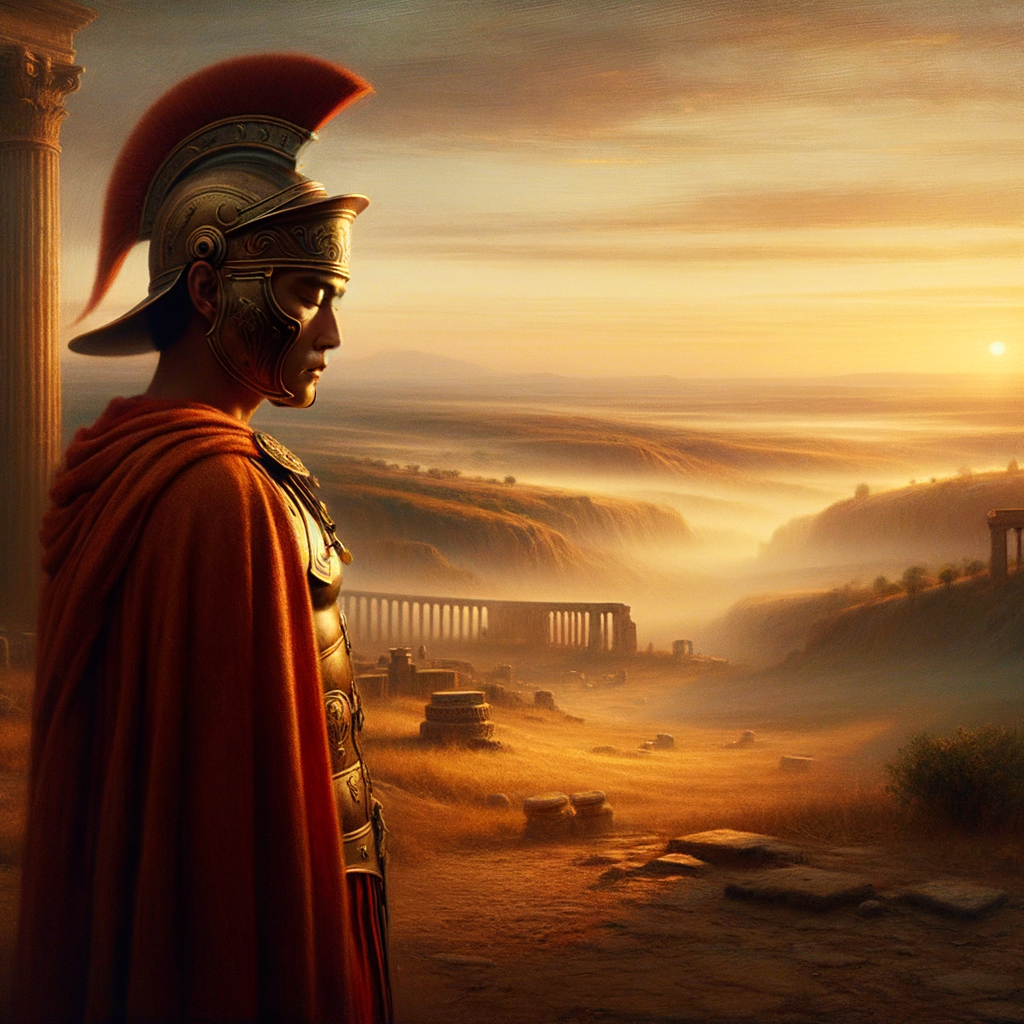 A lone Roman warrior stands heroically against a dawn-lit serene landscape, evoking classic 1960s historical film style.