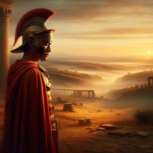 A lone Roman warrior stands heroically against a dawn-lit serene landscape, evoking classic 1960s historical film style.