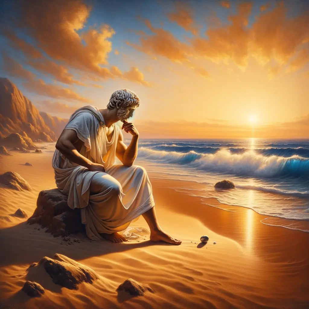 A Stoic philosopher observing a single grain of sand on a serene Roman beach, symbolizing impermanence, depicted in the style of a 1960s historical film.