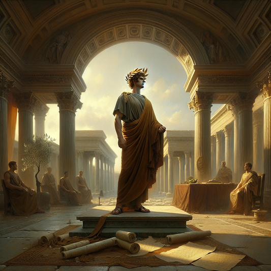Solemn portrait of Emperor Marcus Aurelius wearing a laurel crown surrounded by Roman arches, scrolls symbolizing Stoic philosophy, and calm nature scenes in a warm, cinematic painting style.