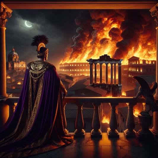Emperor Nero in purple toga overlooking burning ancient Rome at night with flames and smoke from the Great Fire, in a cinematic 1960s Roman epic painting style.