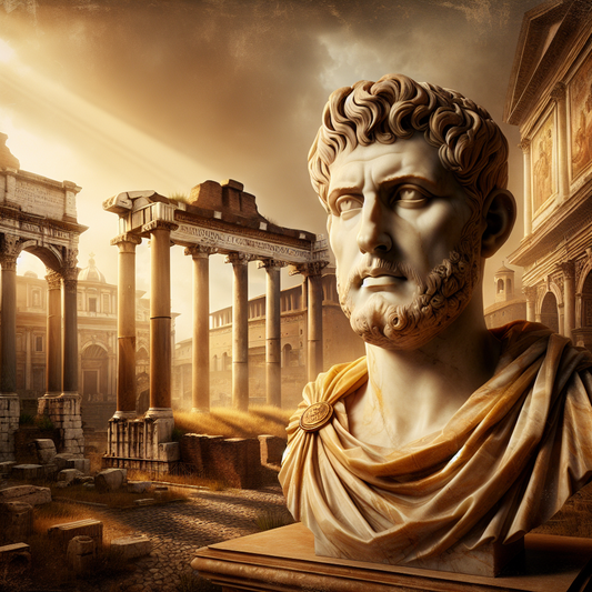 Classical marble bust of Emperor Tiberius with stoic expression set against the Roman Forum's ancient architecture, in the style of a 1960s Roman historical epic painting.