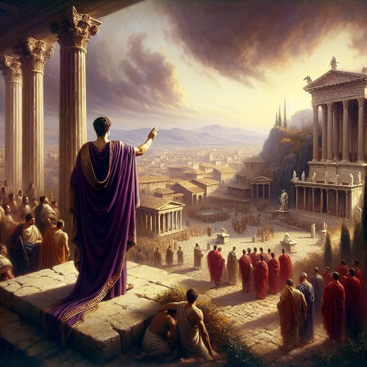 Emperor Tiberius in purple toga overseeing a grand Roman city with early Christian figures gathering discreetly in the background, in the style of 1960s Roman epic films.