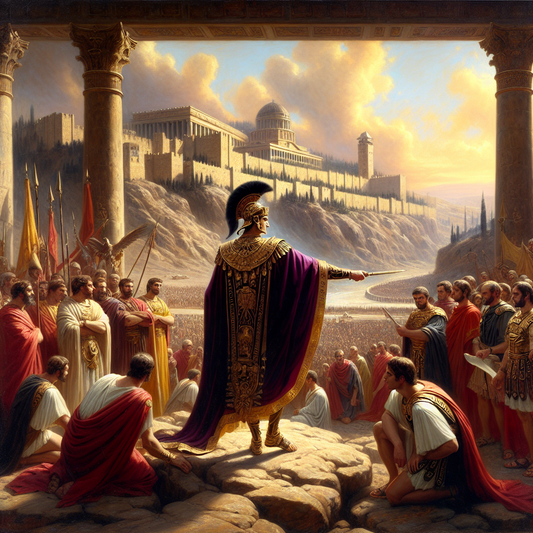 Emperor Tiberius overseeing Roman officials in Judea around 30 CE with Jerusalem and Roman soldiers in the background, painted in a 1960s Roman historical epic style.