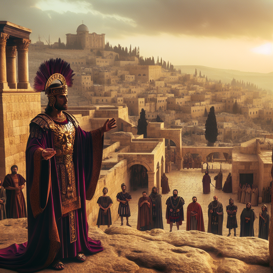 Digital painting of Emperor Tiberius in imperial regalia overlooking ancient Jerusalem with ghostly images of Jesus preaching in the background, in the style of 1960s Roman historical epics.