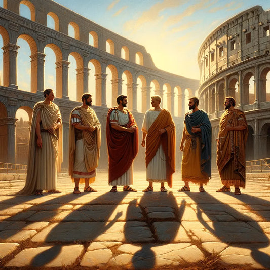 Four Roman emperors, Augustus, Nero, Marcus Aurelius, and Constantine, standing heroically against the backdrop of the Colosseum and aqueducts, in a style inspired by 1960s historical films.