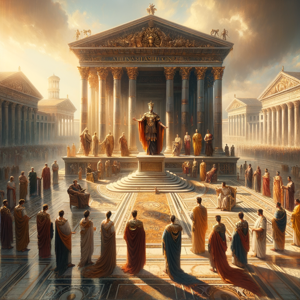 Roman Emperors Augustus, Tiberius, Caligula, Claudius, and Nero in a panoramic painting styled after 1960s historical epics, set in the Roman Forum.