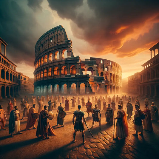 An artist's representation of the Colosseum in ancient Rome during a vivid sunset, filled with Roman citizens and gladiators preparing for battle, inspired by classic 1960s historical films.