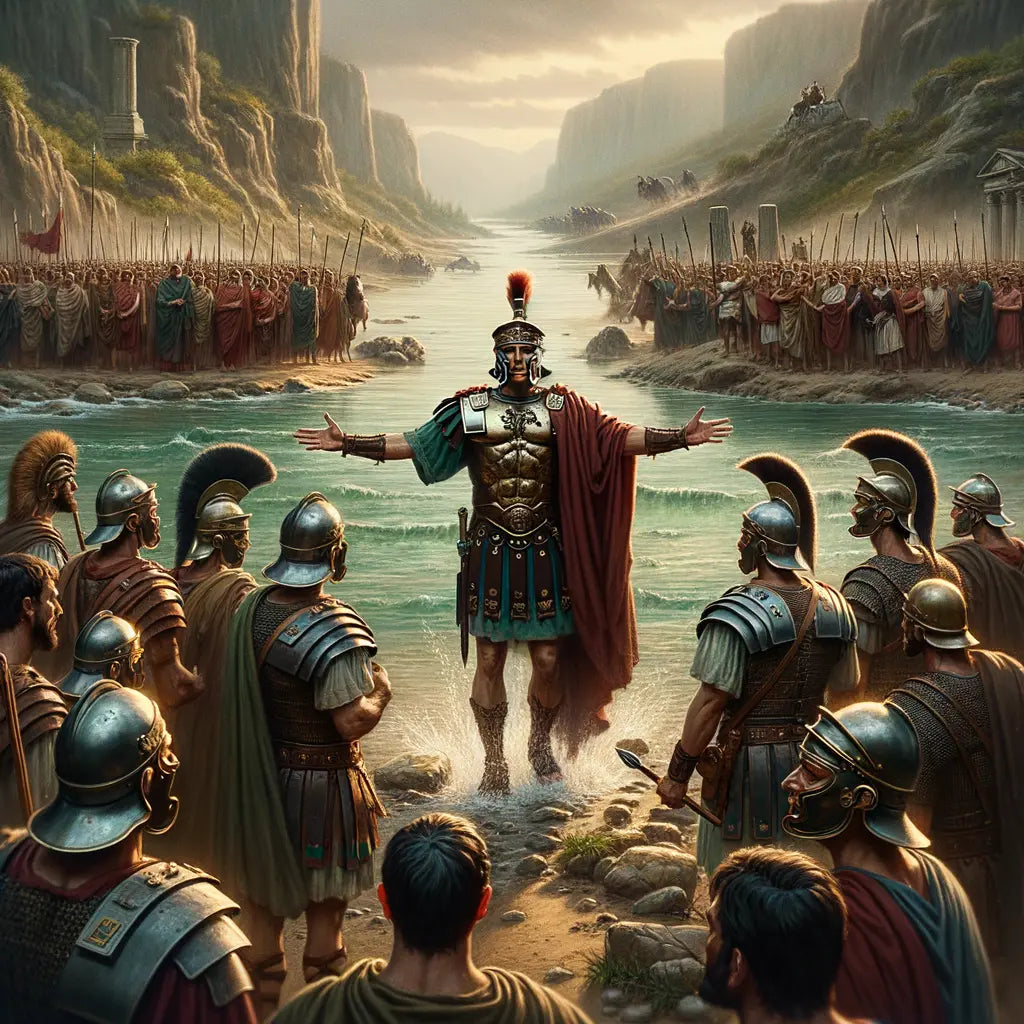 Julius Caesar crossing the Rubicon River, surrounded by Roman soldiers, illustrating a pivotal moment in Roman history.