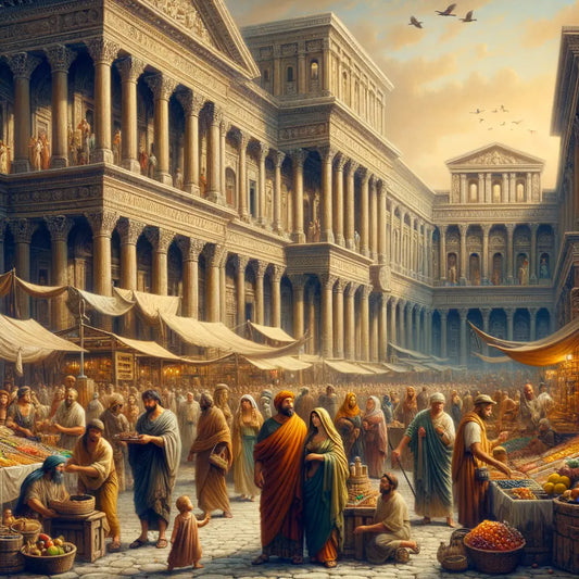 A vibrant marketplace in ancient Rome, filled with people and various goods, capturing the essence of Roman daily life.