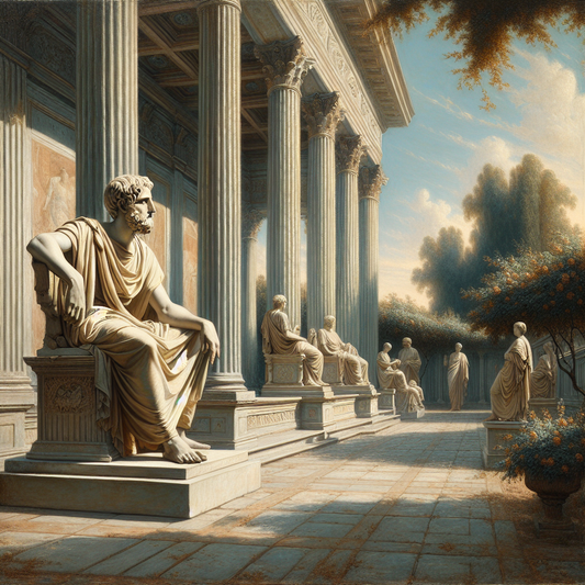 A classical marble statue of Epictetus in a Roman philosophical garden, radiating golden lines symbolizing wisdom, rendered in warm, painterly style inspired by 1960s historical films.