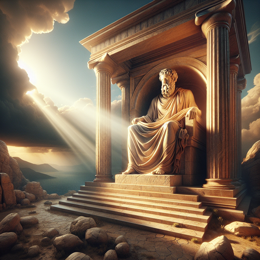 A realistic ancient marble statue of philosopher Epictetus bathed in soft golden rays of light symbolizing wisdom, set against a background of stormy skies fading to calmness in a Roman setting.